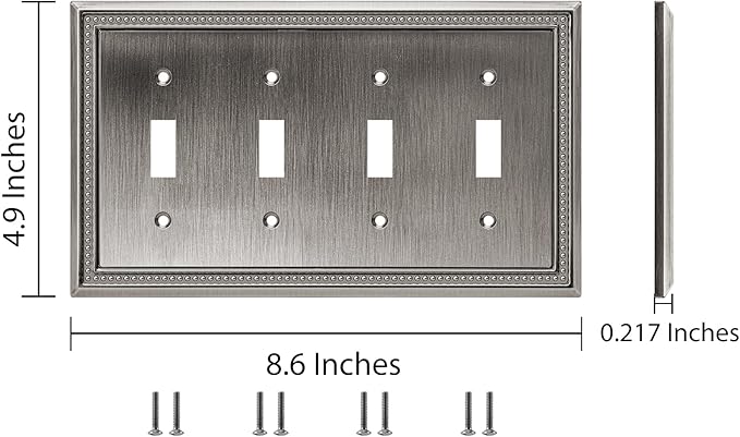 Henne Bery Sunken Pearls Heavy Duty Decorative Wall Plate Switch Plate Outlet Cover (Quad Toggle, Heirloom Silver)