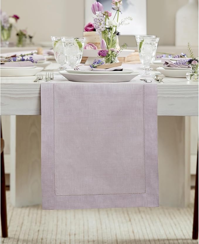 Solino Home Linen Table Runner 60 Inches - 100% Pure Linen Lilac Hemstitch Table Runner 14 x 60 Inch Ideal for Dresser and Coffee Tables, Valentines, Spring, Easter - Classic Hemstitch