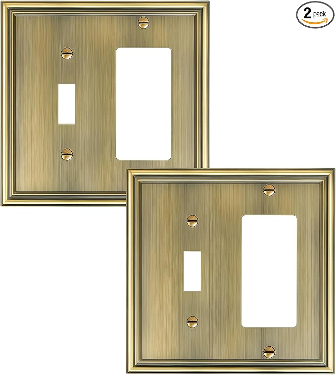 2-Pack Combo Toggle/Decorator Light Switch Cover Plate, Antique Brass Decorative Electrical Outlet Covers, Durable Solid Zinc Alloy Wall Switch Plates and Outlet Covers