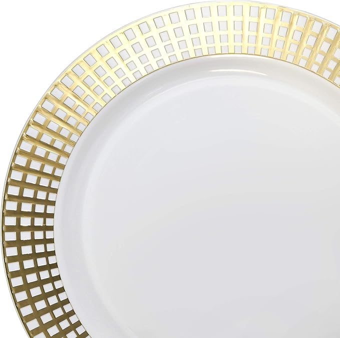 OCCASIONS 240 Plates Pack,(120 Guests) Premium Wedding Party Disposable Plastic Plates Set -120 x 10.25'' Dinner + 120 x 7.5'' Salad/Dessert Plate (Princess White/Gold)
