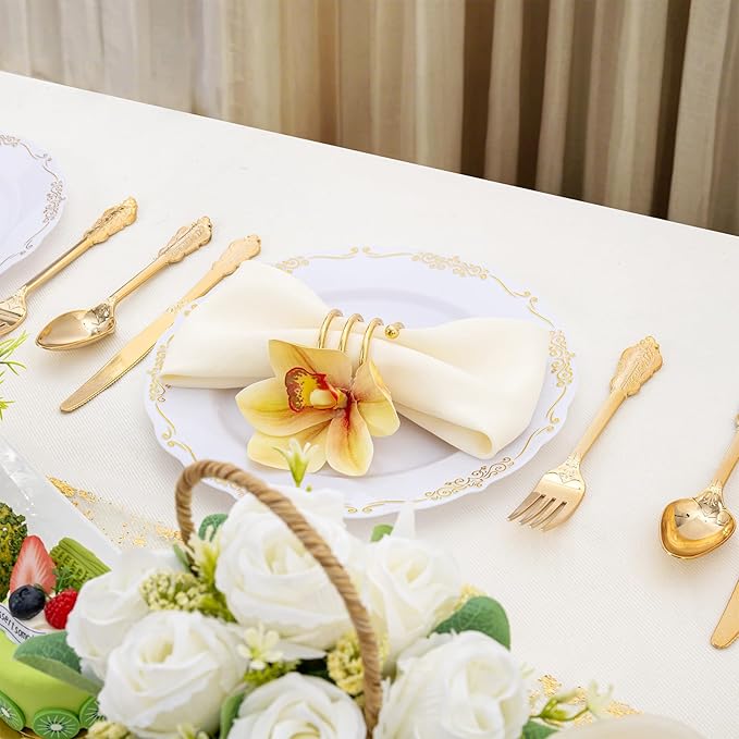 DaYammi 60PCS White and Gold Plastic Plates, Gold Rim Plates Disposable Heavy Duty Disposable Plate Premium 10inch White Dinner Plate Hard Plastic Platos for Party Wedding Bridal Shower