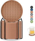 Coasters for Drinks, Silicone Coasters Set of 16 with Metal Holder, Outdoor Coaster for Coffee Table, Non-Slip Rubber Table Cup Mat Desk, Heat Resistant & Scratch-Proof (Tawny)