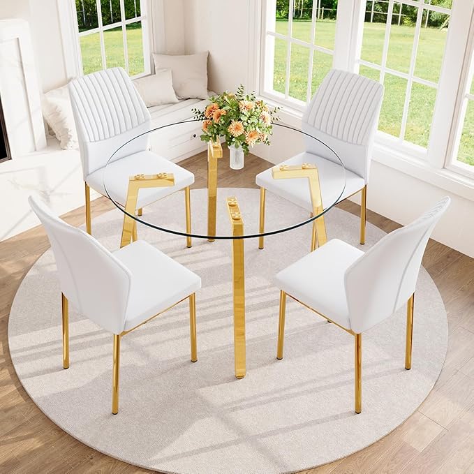 42" Round Glass Dining Table Set for 4,Modern Breakfast Table Set for 4 with Luxury Gold Chrome Legs,Space Saving Kitchen Table and White Chairs for Apartment,Easy Assembly