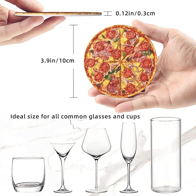 Pizza Coasters for Drinks with Holder Round Leather Coasters Set of 6 Cups Mugs Mat Pad for Home Kitchen Bar