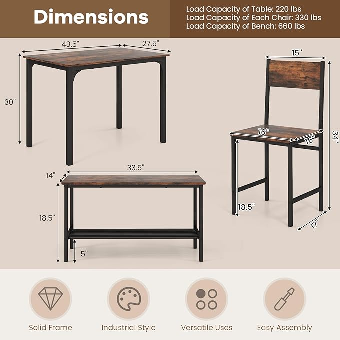NAFORT Dining Table Set for 4 with Bench, Industrial Kitchen Table and Chairs, Rustic Brown Wood & Black Metal 4-Piece Dining Set for Apartment, Small Space, Kitchen & Dining Room