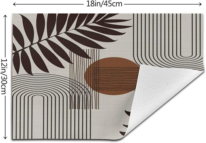 Mid Century Abstract Boho Placemats Geometric Neutral Beige Modern Leaf Plant Semicircle Art Washable Place Mats 12x18Inch for Dining Kitchen Farmhouse Decor 6 PCS