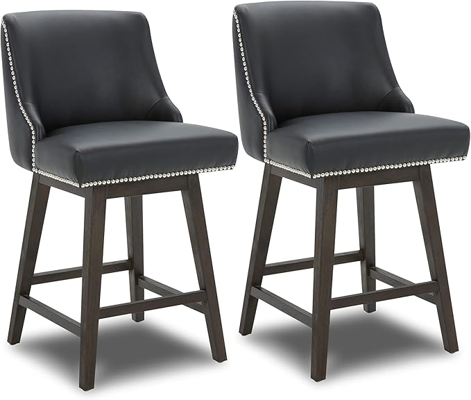 CHITA Counter Height Swivel Bar Stools Set of 2, FSC Certified Upholstered Counter Stools, Modern Swivel Barstools with Wood Legs for Kitchen Island, 26" Seat Height, Faux Leather in Black
