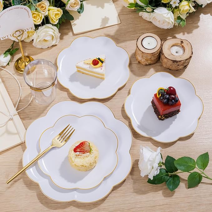 EI 180pcs White Plastic Plates with Gold Plastic Silverware,Heavy-Duty Disposable Plates for Party,White Dinnerware Set for 30 Guest Wedding,Birthday,Spring Afternoon Tea
