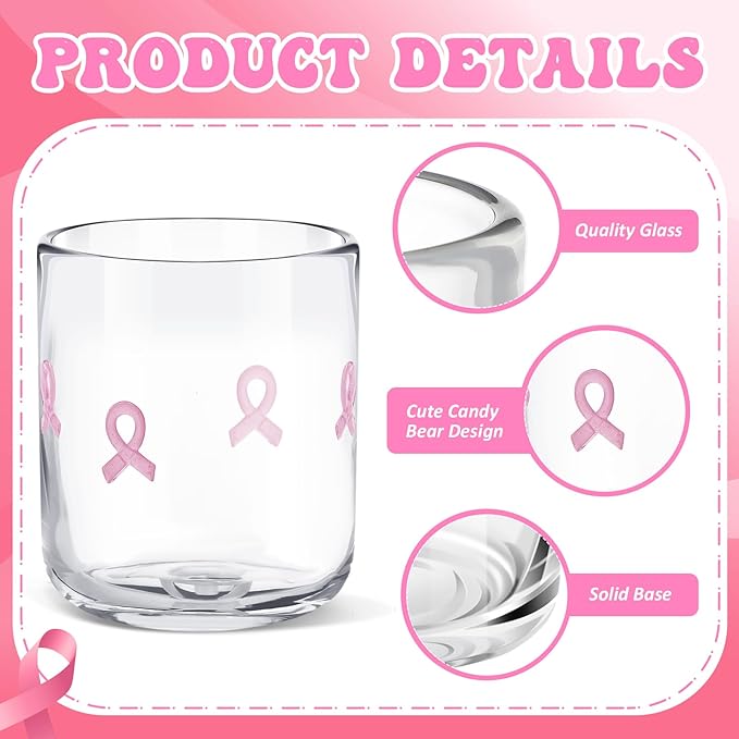 Icon Juice Glasses, 14oz Stemless Wine Drinking Juice Glass Cup for Valentine Party Supplies Gift(2 Pcs,Pink Cancer Ribbon)