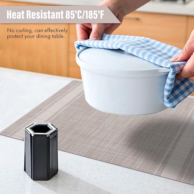 Winknowl Placemats Set of 8, Heat Resistant Non-Slip Vinyl Woven Table Mats for Dining Table, Washable Durable Elegant Place Mats for Kitchen Indoor/Outdoor Use (Beige White)