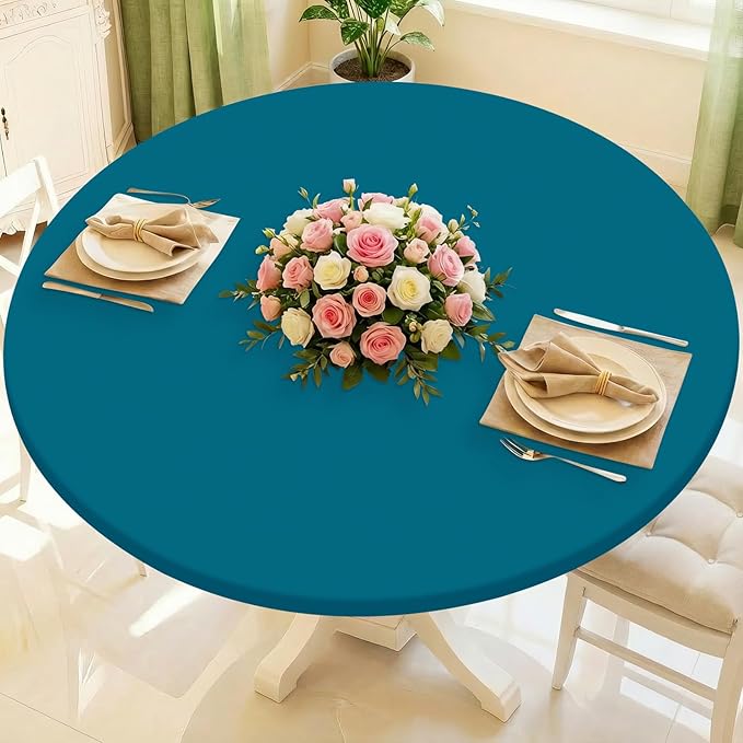 Round Spandex Tablecloth, Elastic Fitted Waterproof Tablecloths for 25"-30" Tables, Stretch Washable Picnic Table Cover for Camping, Dining, Indoor and Outdoor,Peacock Blue