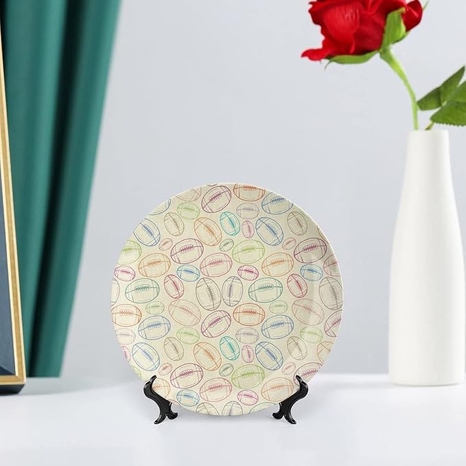 Ceramic Display Plate, American Football Ceramic Hanging Decorative Plate, Grunge Looking Hand Drawn Sports Sketch, 8 Inch, Household Custom Ceramic Plate, Multicolor
