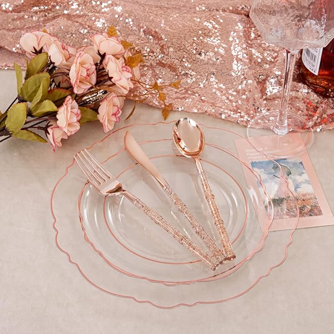 Liacere 150PCS Rose Gold Plastic Plates - Clear Rose Gold Disposable Plates with Glitter Bamboo Handle Cutlery - 60 Baroque Elegant Plates, 30 Forks, 30 Spoons, 30 Knives for Wedding＆Valentine's Day