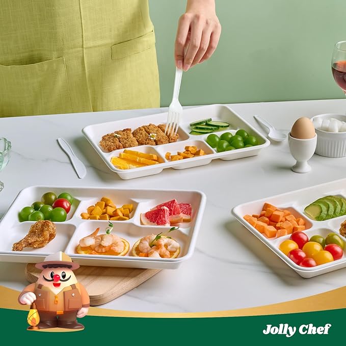 JOLLY CHEF Compostable 𝟱 Compartment Paper Plates 𝟭𝟭 * 𝟴 𝗶𝗻𝗰𝗵 [𝟭𝟬𝟬 𝗣𝗮𝗰𝗸] Heavy Duty White Divided Disposable Plate Eco-Friendly Biodegradable Food Tray for Party Lunch Dinner Christmas