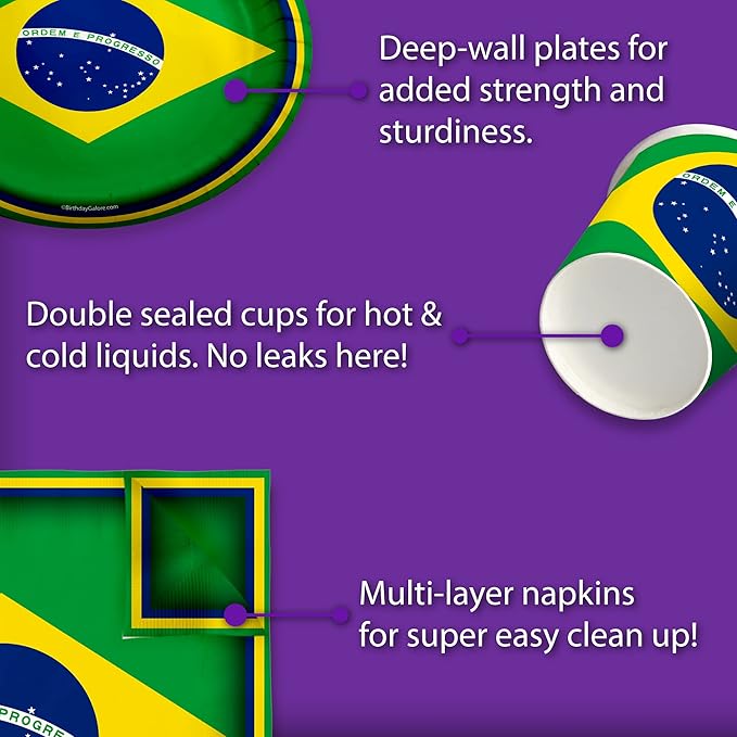 Brazil Flag Birthday Party Supplies Set Plates Napkins Cups Tableware Kit for 16