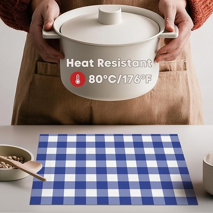Artoid Mode Buffalo Plaid Vinyl Placemats Set of 4, 12x18 Inch Washable Non-Slip Heat Resistant Plastic Place Mats for Party Dining Table, Naxy Blue/White