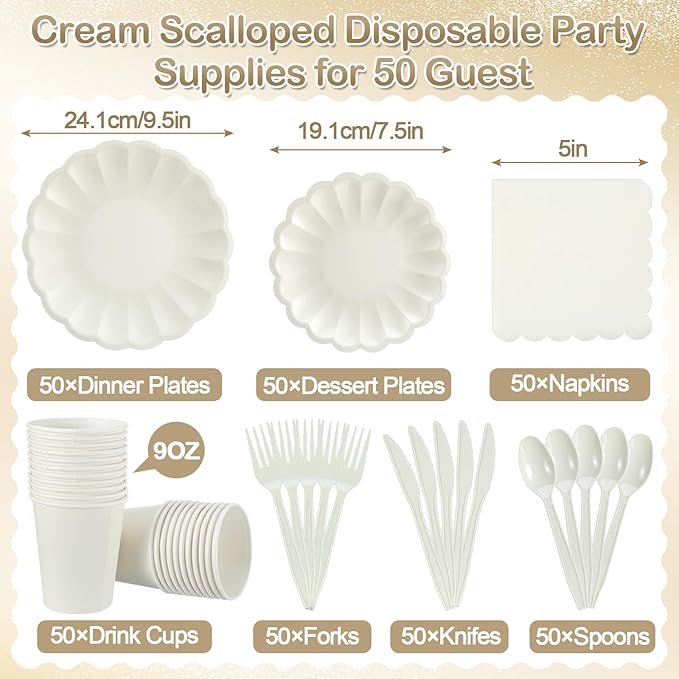 350 Pcs Cream White Scalloped Paper Plates Shell Edge Disposable Tableware Cocktail Napkins Cups Plastic Spoons Forks Knives for Wedding Baby Shower Picnic Birthday Party Supply for 50 Guests