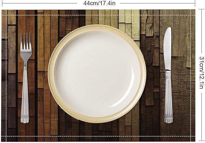 Retro Plank Placemat Set, Rural Old Shabby Brown Beige Farmhouse Barn Wooden Board Pattern Home Decor Linen Table Mats for Dining Room Kitchen Party (17x12in) x6P