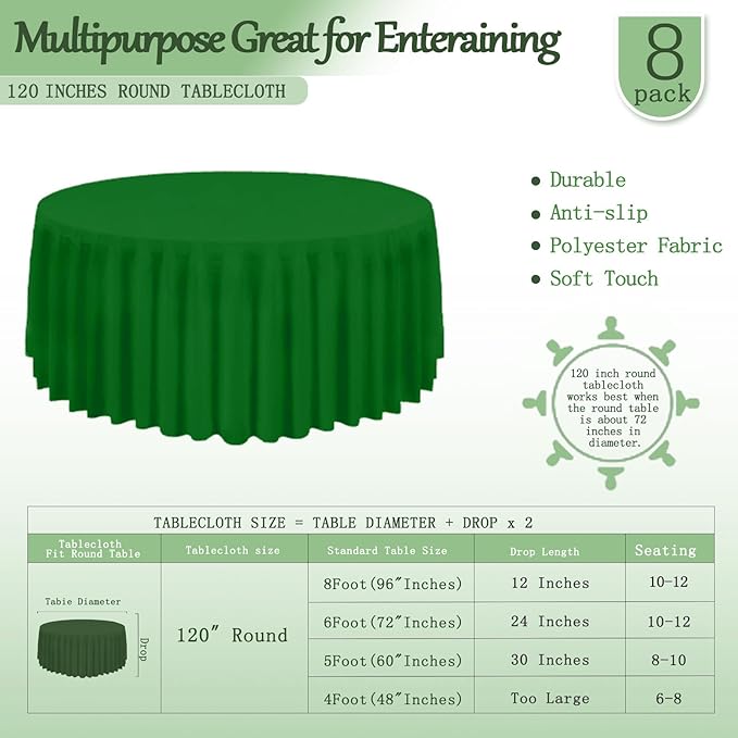 8 Pack Round Tablecloth 120 Inch Cloth Green Table Cloth for Round Tables, Washable Polyester Tablecloth Stain and Wrinkle Resistant Decorative Table Cover for Wedding Party Dining Banquet