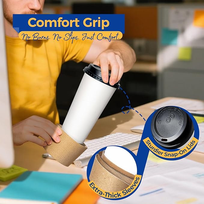 Fit Meal Prep 100 Pack 20 oz Disposable Coffee Cups with Lids, Sleeves, Leak-Proof To Go Coffee Cups with Lids, Durable Paper Cups for Hot Beverage, Home, Office, Party