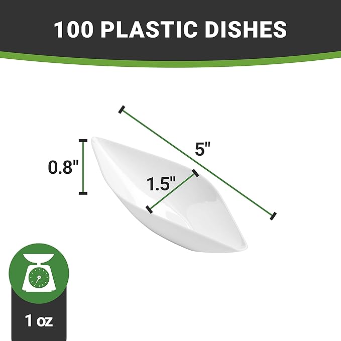 Restaurantware 1 Ounce Dipping Sauce Bowls 100 Disposable Dipping Sauce Dishes - Canoe Shaped Unique Design White Plastic Small Dishes For Dips Appetizers Desserts Or Samples