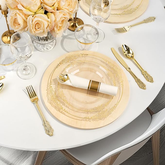 350PCS Clear Plastic Plates for 50 Guests, Disposable Dinnerware Sets Include 50 Gold Rim Plastic Plates, 25 Silverwares, 25 Cups, and 25 Pre Rolled Napkins for Party, Wedding and Graduation