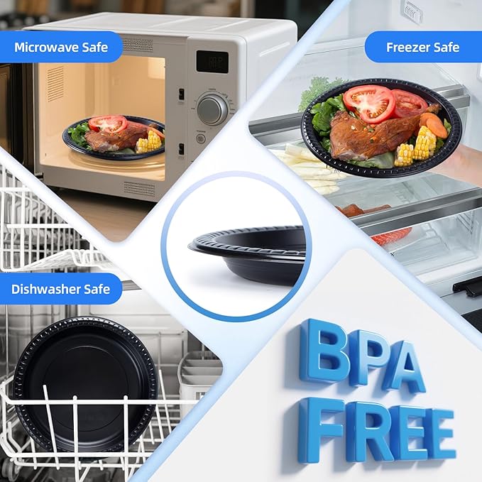 YANGRUI Plastic Plates BPA Free 9 Inch 150 Pack - Shrink Wrap Mineral Filled PP | Reusable Dishwasher Microwave Freezer Safe | Commercial Black Shatter-Resistant | Restaurant Heavy Duty Dinner Plate