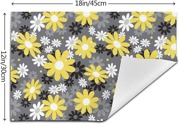 Placemats Set of 6 Vintage Daisy Place Mats Abstract White Yellow Floral Woven Table Mats Washable Black Grey PVC Placemat for Dining Kitchen Decor Indoor Outdoor, 12 x 18 Inch