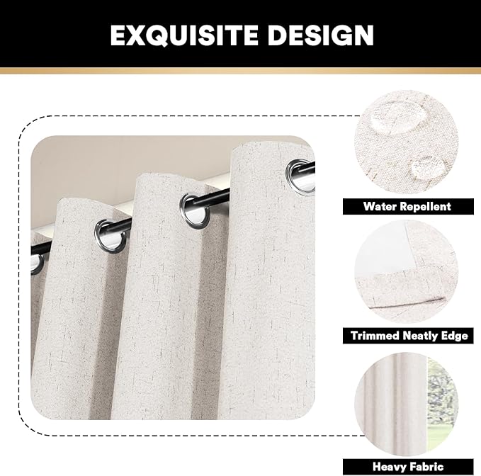 PrinceDeco Primitive Textured Linen 100% Blackout Curtains for Bedroom/Living Room Energy Saving Window Treatment Curtain Drapes, Burlap Fabric with White Thermal Insulated Liner (52 x 96 in, Ivory)