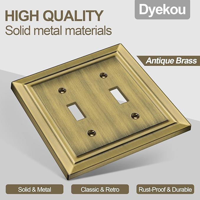 Metal Wall Plate for Electrical Outlets, Decorative Antique Brass Switch Plates Outlet Cover, Light Switch Cover Plate, 2-Gang Wall Plates (Double Toggle, 2 Pack)