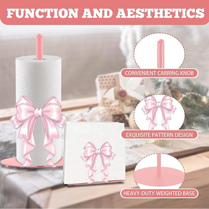 Pink Bow Paper Towel Holder, Pink Countertop Kitchen Decor Indoor with Round Base, Bows Lover Gifts, Iron Bow Napkin Holder Stand Accessories for Bathroom Kitchen Dining, 2 PCS