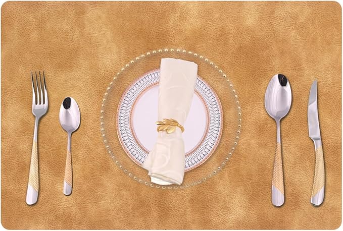 Faux Leather Placemats with Rounded Corners Set of 6,Washable&Wipeable Place Mats,Waterproof&Heat-Resistant Table Mats, Good for Kitchen and Kids-Khaki