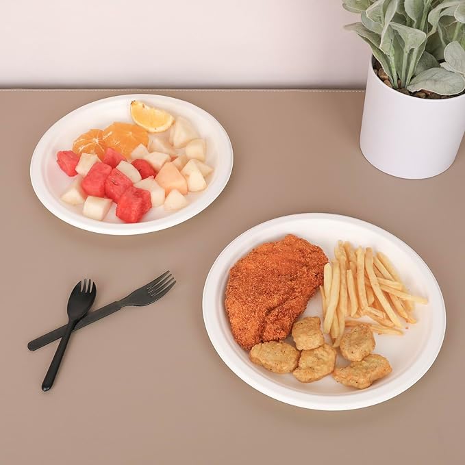 Aricsen 50 Pack 10 Inch Compostable Disposable Round Paper Plates, Natural White Biodegradable Sugarcane Bagasse PFAS-Free Eco-Friendly Dinner Plates for Party Wedding Picnic BBQ (50, 10 INCH)