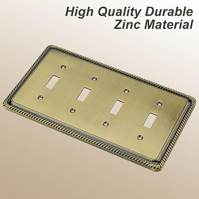 Henne Bery Rope Edge Decorative Wall Plate Switch Plate Outlet Cover (Quad Toggle, Antique Brass)