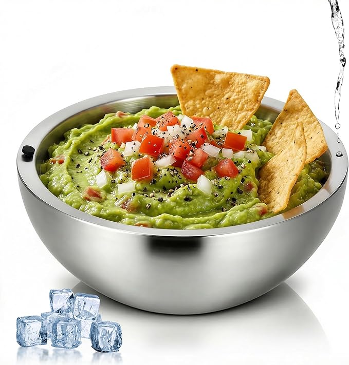 Dip Bowl,Large 70 oz Heat Insulated Stainless Steel Bowls Ideal for Guacamole Salsa,Double Walled Insulated Cold or Hot Se for Salsa, Guacamole, Salad, Sauces, Hot or Cold Food, Party