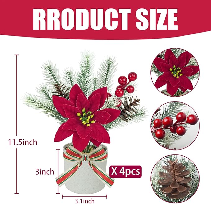4 Pack Poinsettias Artificial Christmas Flowers, Tabletop Small Christmas Potted Flowers with Berries Pinecones Mini Christmas Tree for Table Centerpiece Home Office Garden Party Decor