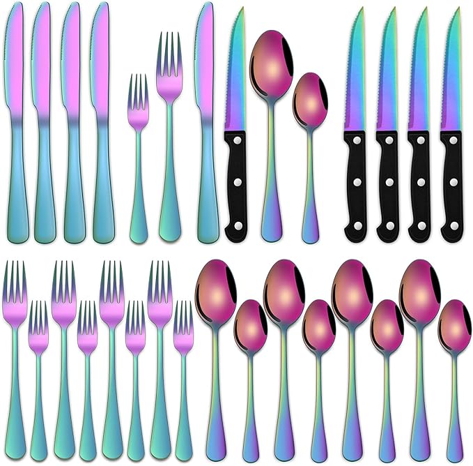 Rainbow 24 Pieces Stainless Steel Silverware Sets With Steak Knives Service For 4,Colorful Eating Utensils Set Includes Knife Spoon Fork For Kitchen Flatware Sets