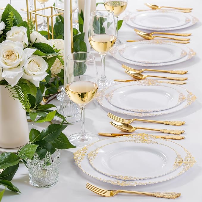 Nervure 100Pcs White and Gold Plastic Plates - 10.25Inch Gold Disposable Plates - Heavyweight Dinner Plate for Wedding & Party