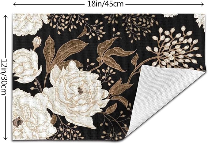 Placemats Set of 4 Vintage Peony Place Mats Beige Floral Leave Rustic Black Woven Table Mats Washable Beige Flower PVC Placemat for Dining Kitchen Decor Indoor Outdoor, 12 x 18 Inch