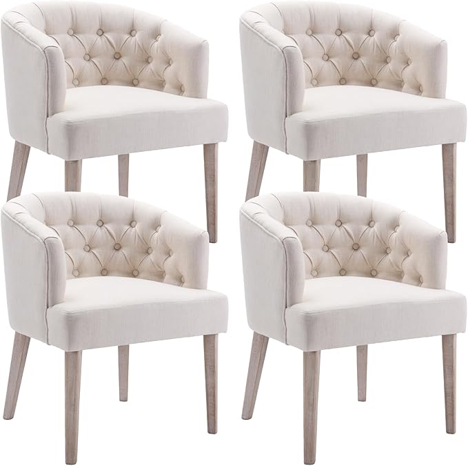 Mid-Century Dining Chairs Set of 4, Tufted Upholstered Linen Dining Room Chairs Comfy Side Chair Armchair Guest Chair with Wooden Legs for Dining Room Living Room, Beige