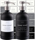 Hand and Dish Soap Dispenser for Kitchen and Bathroom, Set of 2 16 Oz Glass Bottles, Stainless Steel Pumps, Non-Slip Silicone Base, 27 Waterproof Labels (Matte Black Bottle/Brushed Silver Pump)