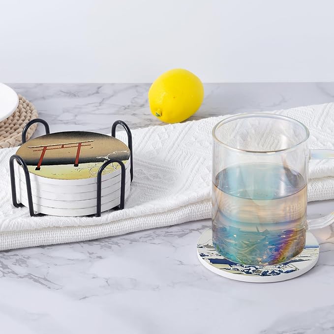 Coasters Absorbent Ceramic Coaster Drink Coasters with Cork Back Japanese Style Ukiyo-e Pattern Set of 6 Round Coaster Non Slip for Coffee Table Wine Glass Home Bar 4 Inch, Colorful
