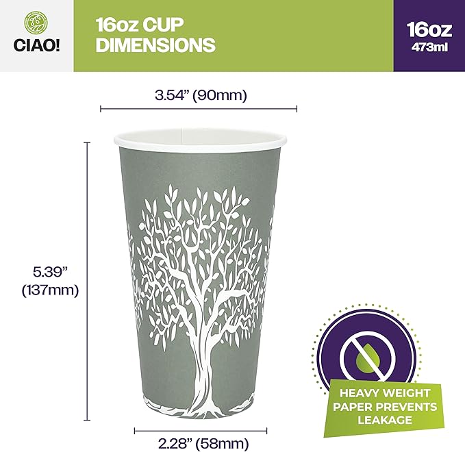 CIAO! 16oz Paper Hot Cup, Rooted Olive Print, (Case of 1,000)