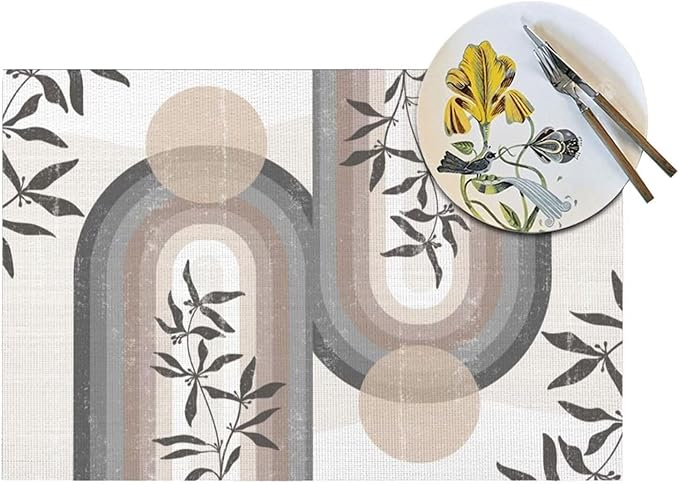 Boho Leaf Mid Century Placematss, Bohemian Plant Mid Century Palm Tropical Abstract Modern Washable Place Mats 12x18Inch for Dining Kitchen Farmhouse Decor 4 PCS