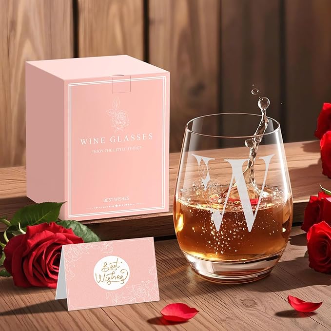 Valentines Day Gifts for Her, Gifts for Women Her Friend Mom Grandma Wife Sister Bridesmaid Nurse, Birthday Galentines Mothers Day Christmas, Personalized Initial Customized Wine Glasses 18OZ(W)
