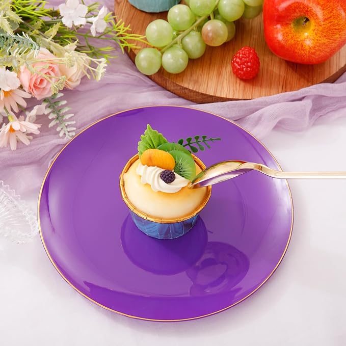 PULOTE 100PCS Purple Plastic Plates - Purple and Gold Disposable Include 50 Each (10.25 Inch Dinner & 7.5 Inch Dessert) Plates, Ideal for Party