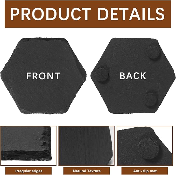 12PCS Slate Coasters Black Bulk Blank Laser Engraved Hand Painted Beverage Coasters, Non-Slip Bottom Mat, Home Office Kitchen Gift Wedding Bar Party