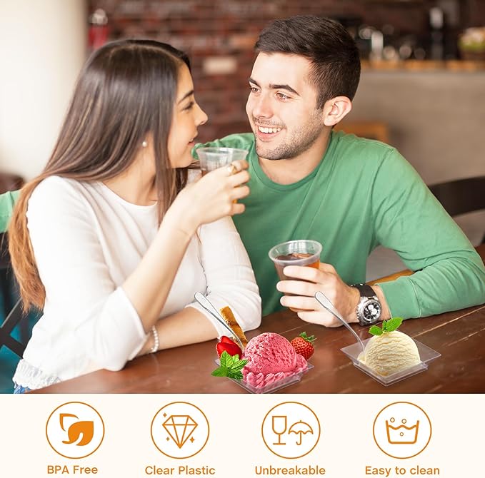 300 Pcs Mini Clear Dessert Plate Small Square Plastic Appetizer Plate with 300 Tasting Spoon Disposable 1 oz 2.4x2.4 Inch Party BBQ Wedding Picnic Party Travel Events Microwavable(Classical)
