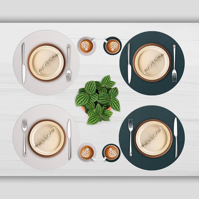 Myir JUN Round Placemats Set of 6 Faux Leather Place Mats and Coasters 15 inch Round Table Mats Dual Sided Non-Slip Stain Resistant Placemats (Beige & Green, Set of 6)