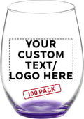 DISCOUNT PROMOS 100 ARC Stemless Wine Glasses Set, 21 oz. - Customizable Text, Logo - Chardonnay, Cabernet, Merlot, Sauvignon - Purple